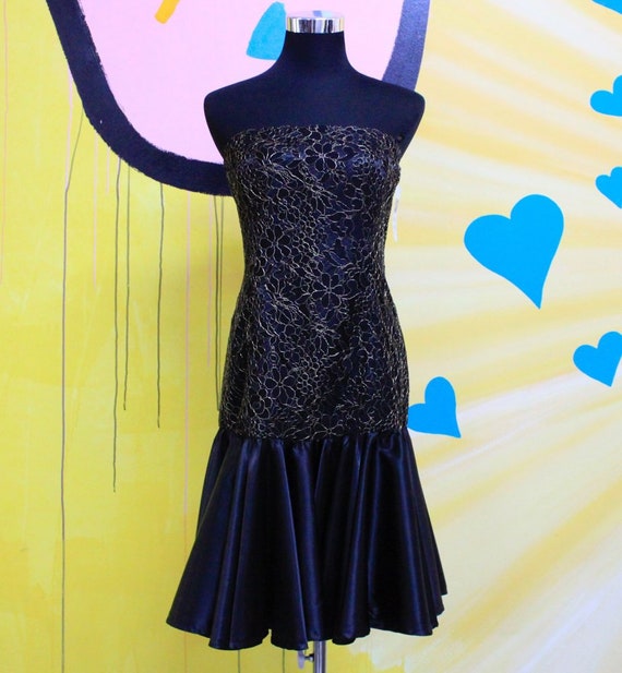 Vintage 80s, Black, Gold, Satin Ruffle, Strapless