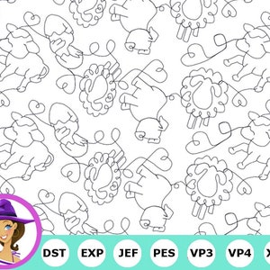 May include: Black and white line art pattern featuring a repeating design of sheep and hearts. The sheep are drawn in a simple, stylised manner, with their wool represented by a series of swirls.