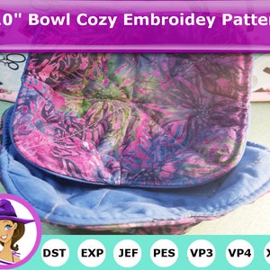 May include: A bowl cozy embroidery pattern, measuring 25.4 cm. The cozy has a floral design in pink, purple, and green, with a blue interior. The text "10" Bowl Cozy Embroidey Pattern" is displayed at the top.