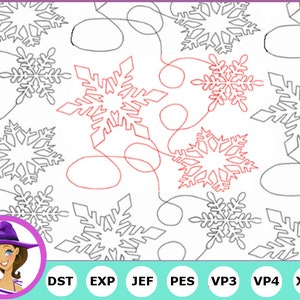 May include: A digital embroidery design featuring a pattern of snowflakes with a red thread outlining a few of the snowflakes. The design is available in several formats, including DST, EXP, JEF, PES, VP3, VP4, and XXX.