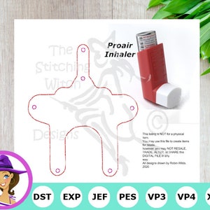 May include: A digital embroidery design file for a Proair inhaler. The design is a simple outline of the inhaler, with the text "Proair Inhaler" above it. The file is available in DST, EXP, JEF, PES, VP3, VP4, and XXX formats.