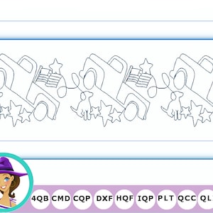 May include: A black and white line art design of a repeating pattern of trucks with stars and dogs. The trucks are carrying American flags. The design is suitable for embroidery or quilting.