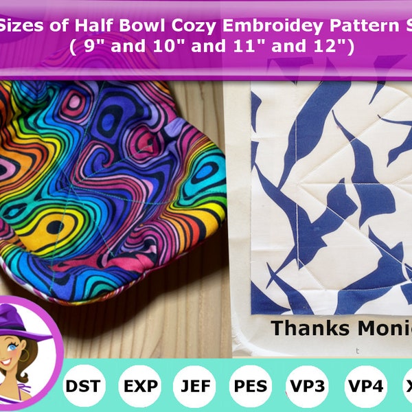 4 - HALF Bowl Cozy Embroidery Pattern Set- 9" and 10" and 11" and 12" Included- Quilted In The Hoop Project - Embroidery Machine