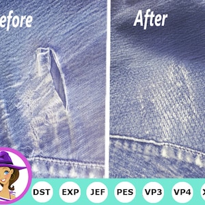 Puede incluir: Imágenes antes y después de un agujero en unos vaqueros de mezclilla azul. El agujero está reparado con costuras blancas. La imagen incluye las palabras "Antes", "Después", "DST", "EXP", "JEF", "PES", "VP3", "VP4" y "XXX".