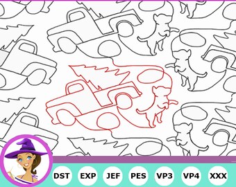 Christmas Pickup Truck with Tree & Dog -Christmas Edge to Edge Design - Embroidery Quilt Designs