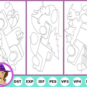 May include: Three black and white line drawings of a truck with various objects on top. The first truck has a pumpkin, a star, and a small animal. The second truck has a star, a small animal, and a tree. The third truck has a star, a small animal, and a flag.