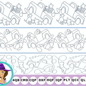 Può includere: Disegno di arte di linea in bianco e nero di un camion con un albero di Natale, zucche e stelle. Il design si ripete orizzontalmente su tutta l'immagine. Il design è per il quilting e include i formati di file 4QB, CMD, CQP, DXF, HQF, IQP, PLT, QCC, QLI e TXT.