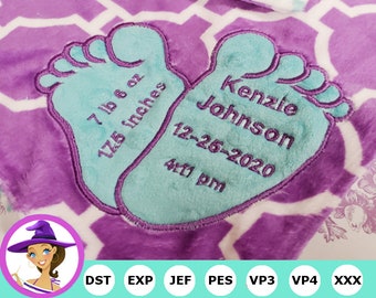 Baby Feet Embroidery Applique Label - Birth Announcement Embroidery Design- No font is included -  In The Hoop Project - Embroidery Machine