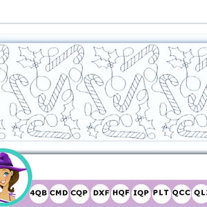 Puede incluir: Diseño de arte de línea en blanco y negro de bastones de caramelo y hojas de acebo. El diseño se repite horizontalmente y es adecuado para acolchar, bordar u otras manualidades.