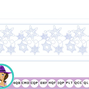 Puede incluir: Un diseño de bordado digital que presenta un borde continuo de copos de nieve conectados por una cadena de luces. El diseño está disponible en múltiples formatos de archivo, incluidos 4QB, CMD, CQP, DXF, HQF, IQP, PLT, QCC, QLI y TXT.