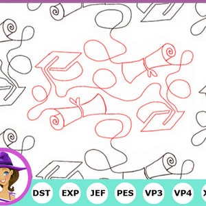 May include: A digital embroidery design featuring a repeating pattern of graduation caps and diplomas in black and red. The design is perfect for creating a unique and personalized graduation gift.