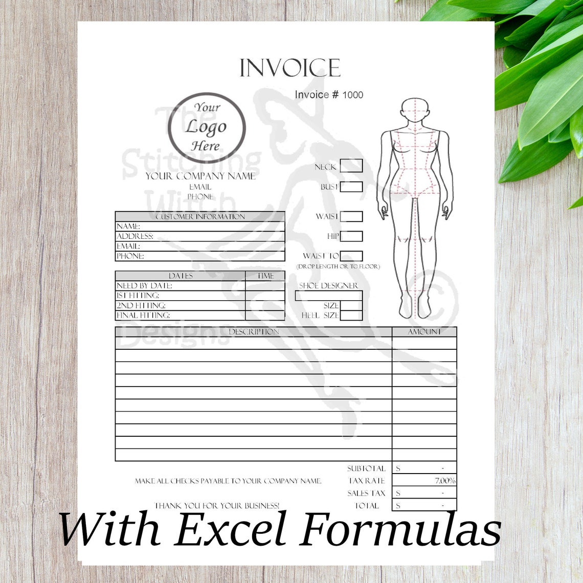 TAILOR INVOICE Form Template Printable Invoice Form Modern Etsy