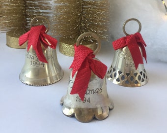 International Silver Co. Silver Plated Set of 3 Engraved Bells Merry Christmas 1994