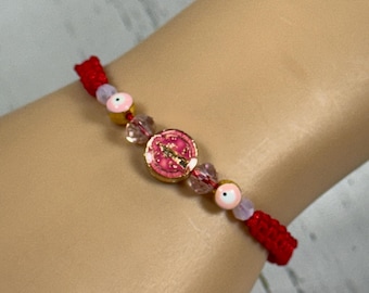 Handmade Saint Benedict Protection Bracelet. Red and Pink. Pulsera de Proteccion con la medalla de San Benito. Rojo y Rosa.