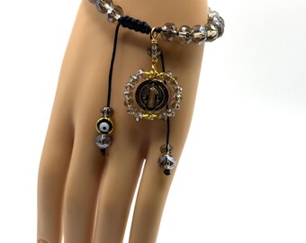 Handmade Protection Bracelet with Saint Benedict Medal and Evil Eye. Gray.