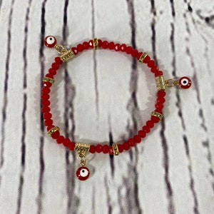 Evil Eye Red and Gold Tone Protection Bracelet 7”
