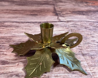 Vintage Brass Candle Holder Christmas Mistletoe.