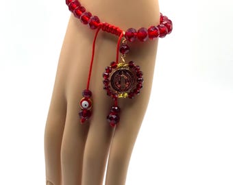 Handmade Protection Bracelet with Saint Benedict Medal and Evil Eye. Dark Red.