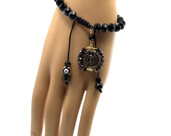 Handmade Protection Bracelet with Saint Benedict Medal and Evil Eye. Black.