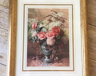 Vintage Flower Bouquet Print. Framed Floral Picture. Wall Art Print.