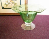 Clearance Sale 50% Off Art Glass Bowl Murano Vintage Green Compote Controlled Bubbles Ruffle Curved Footed Dish