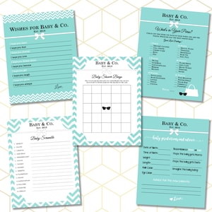 Paquete de juegos de baby shower con desayuno en Tiffany's: qué hay en tu bolso, lucha para bebés, deseos para el bebé, predicciones y consejos, bingo para bebés