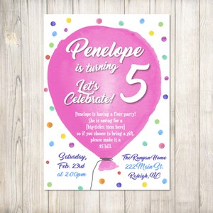 May include: A pink and white birthday invitation featuring a watercolour balloon design. The invitation reads "Penelope is turning 5 Let's Celebrate!" and provides details about the party, including the date, time, and location. The invitation is decorated with colourful confetti.