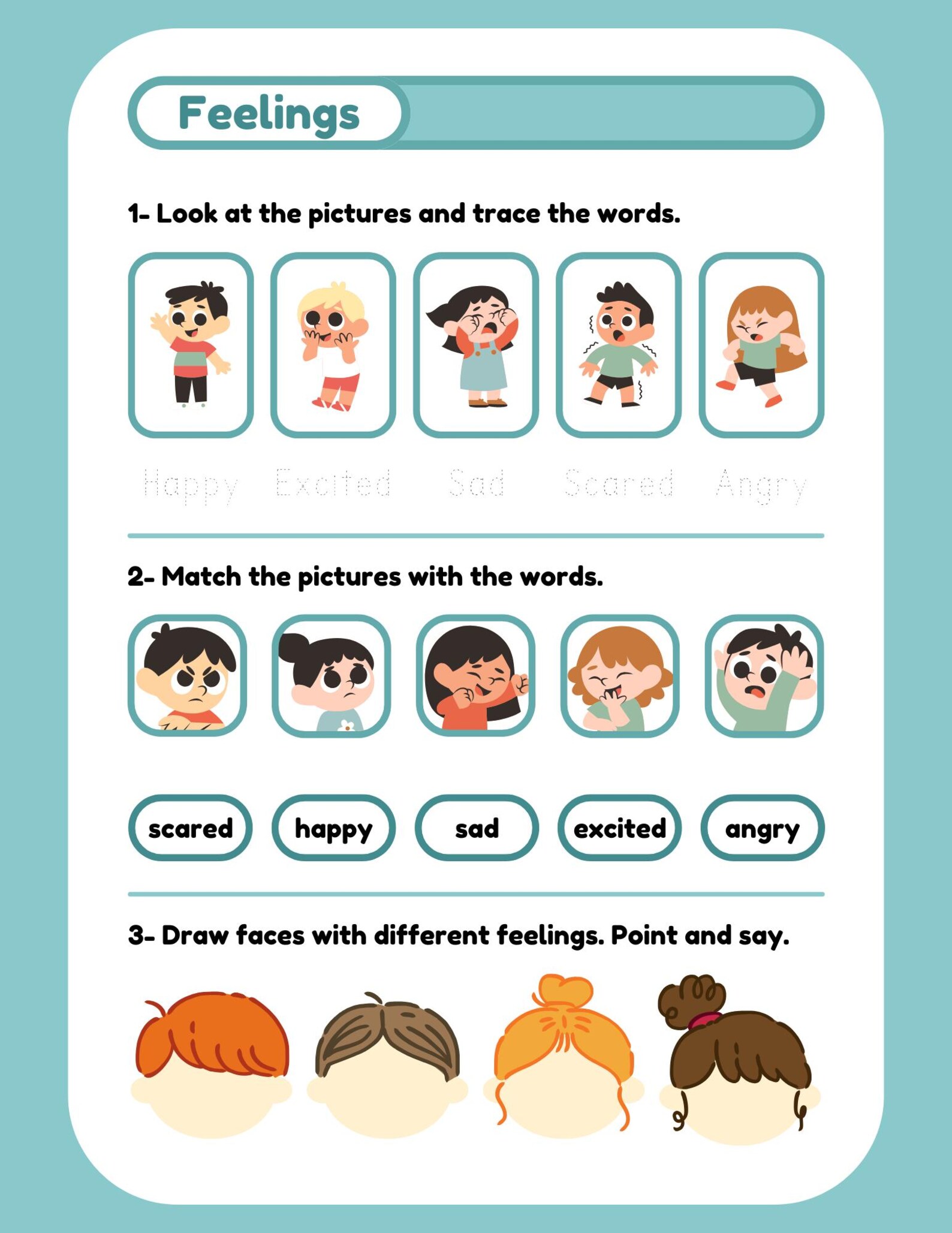 Feelings Worksheet: Trace, Match, Draw - Emotional Learning - Etsy
