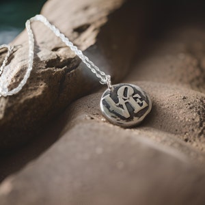 Fine Silver &#39;Love&#39; Pendant Necklace: .999 PMC, Sterling Silver Chain