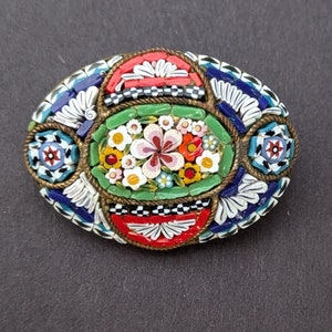 Antique Micro Mosaic Brooch Marked ITALY - C Clasp Micromosaic - Black White Checker Pattern Bright Colors E179