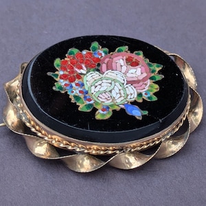 Antique Micro Mosaic Colorful Floral Brooch - Bouquet Italian Micromosaic E171