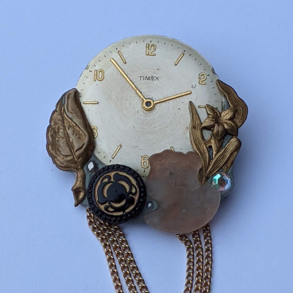 Vintage Artisan Steampunk Style Brooch Signed DMC - Steam Punk Clock Cameo Timex Victorian Collage Style Dangle Chain Watch Fob Pin