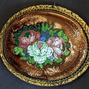 Micro Mosaic Antique Pendant Brooch w/ Sparkly Gold Stone Glass - Previous Owner&#39;s Signature - Pietra Dura Style Flower Micromosaic E137