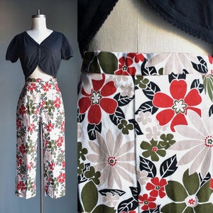 Vintage 1950s Style Cigarette Pants / Vintage 50s Style Capri Pants / Floral Capri Pants / Stretchy 1950s Style Pants 26 Waist