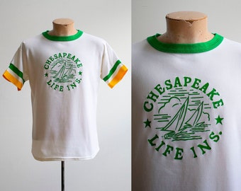 Vintage 1970s Athletic Shirt / Cheseapeake Bay Shirt / Chesapeake Life Insurance Shirt / Vintage Athletic Advertising Shirt / 70s Ringer Tee