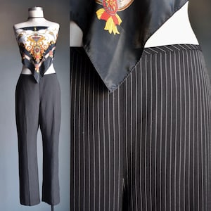Vintage Pinstriped 90s Y2k Slacks / Black Pinstripe Slacks / Vintage Pinstripe Trousers Size 30 / Y2k Black Pinstripe Womens Pants 30 Waist