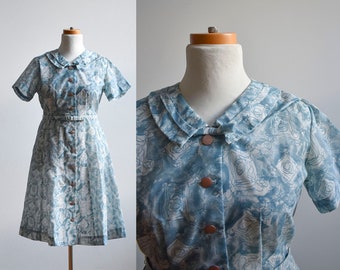 Vintage 1950s Cocktail Dress / Vintage Cotton Shirt Dress / 1950s Abstract Art Print Dress / Vintage Abstract Doodle Illustration Dress