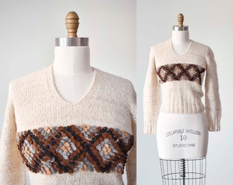 Vintage Alpaca Fur Sweater / V Neck Vintage Sweater / 1970s Pullover Alpaca Fur Sweater Small / 1970s Beige Hand Knit Sweater