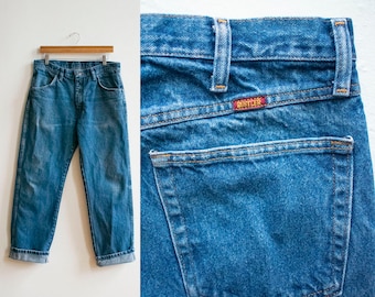 Vintage Rustler Denim Blue Jeans with Suede Leather Reinforced Knees size 40x30