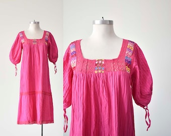 Vintage Bright Pink Cotton Embroidered Mexican Dress / Vintage Summer Dress / Hand Embroidered Pintucked Smock Dress / Cotton Summer Dress