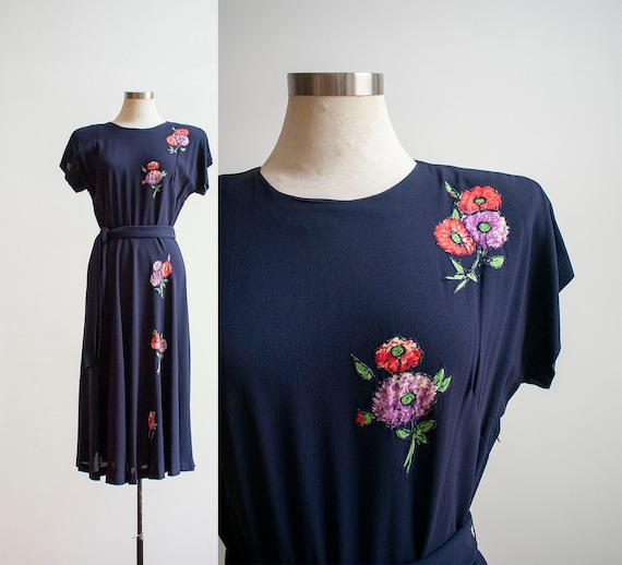 Vintage 1940s Cocktail Dress / Navy Blue 1940s Coc