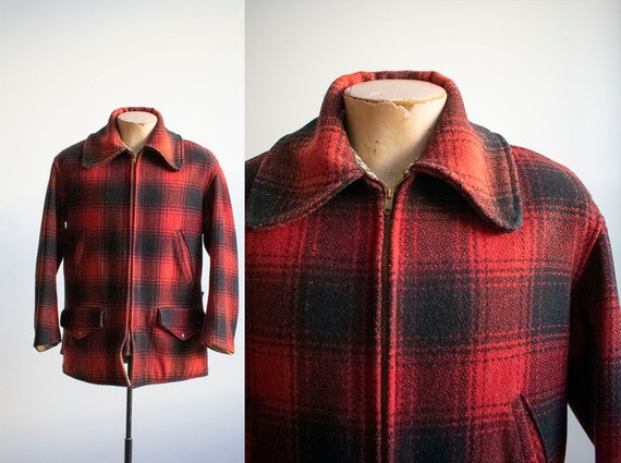 Vintage Red and Black Plaid Hunting Jacket / 1940s