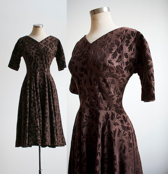 Vintage 1950s Winter Holiday Dress / Tapestry Dres