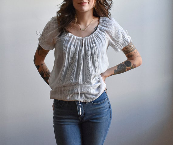 Vintage 1970s White Cotton Blouse / Vintage Adini
