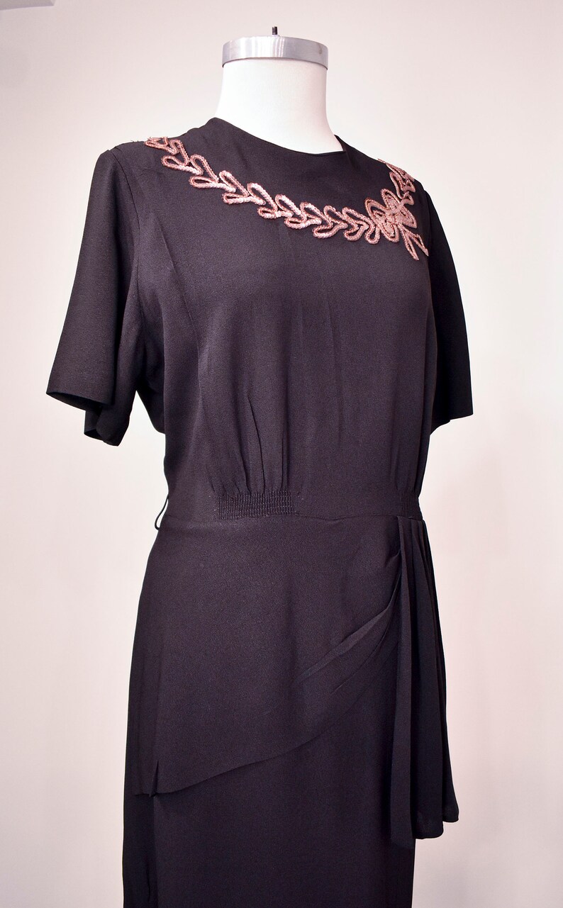 1940s Black Cocktail Dress with Sequin Bow Neckline image 4