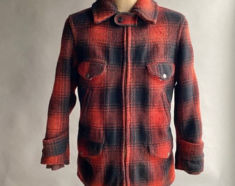 Vintage 1940s Red Stag Hunting Jacket / Vintage Red Stag Buffalo Plaid Wool Jacket / True Vintage Red Plaid Hunting Jacket with Talon Pull