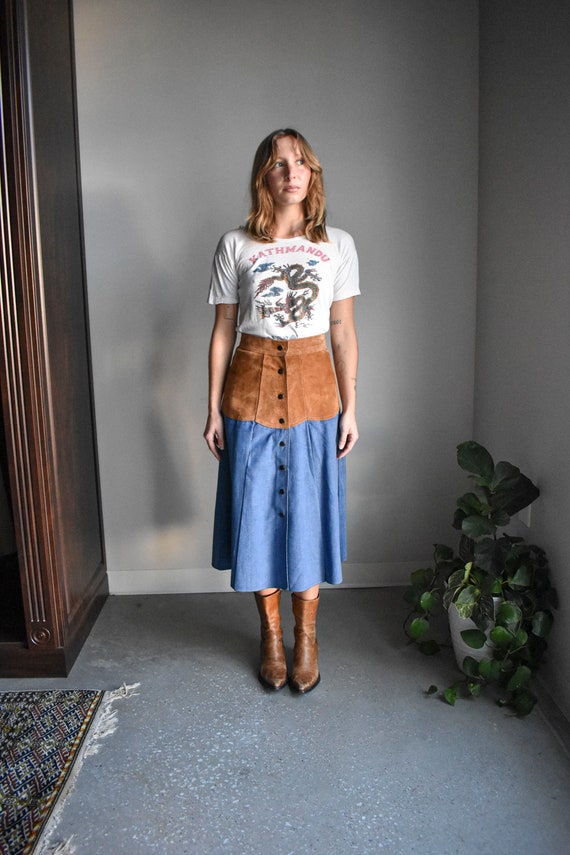 Vintage Suede & Denim A Line Skirt