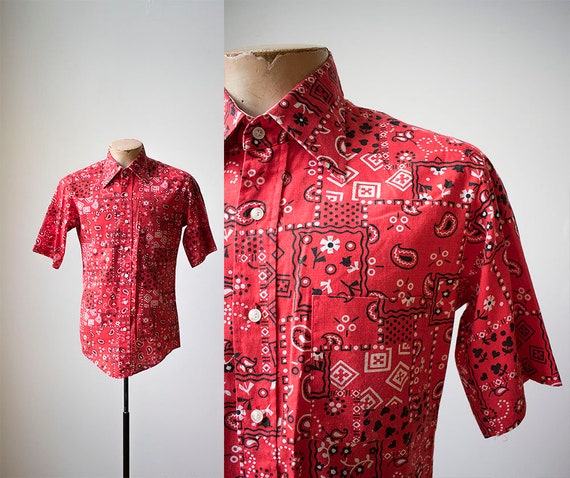 Vintage Red Bandana Print Shirt / Short Sleeve Button Down / | Etsy