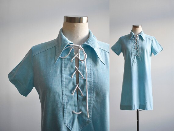 1970s Blue Linen Tent Dress