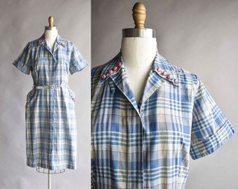 1940s Blue Plaid Shirt Dress / 1940s Cocktail Dress / 40s Cotton Dress / 1940s Day Dress / True Vintage 40s Dress / Blue Plaid Dress Medium